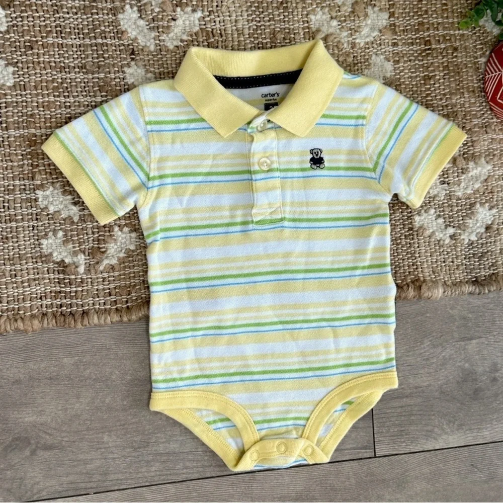 Y2K Carter’s Striped Collared Polo Outfit Teddy Bear Bodysuit 3 Months Baby Boy